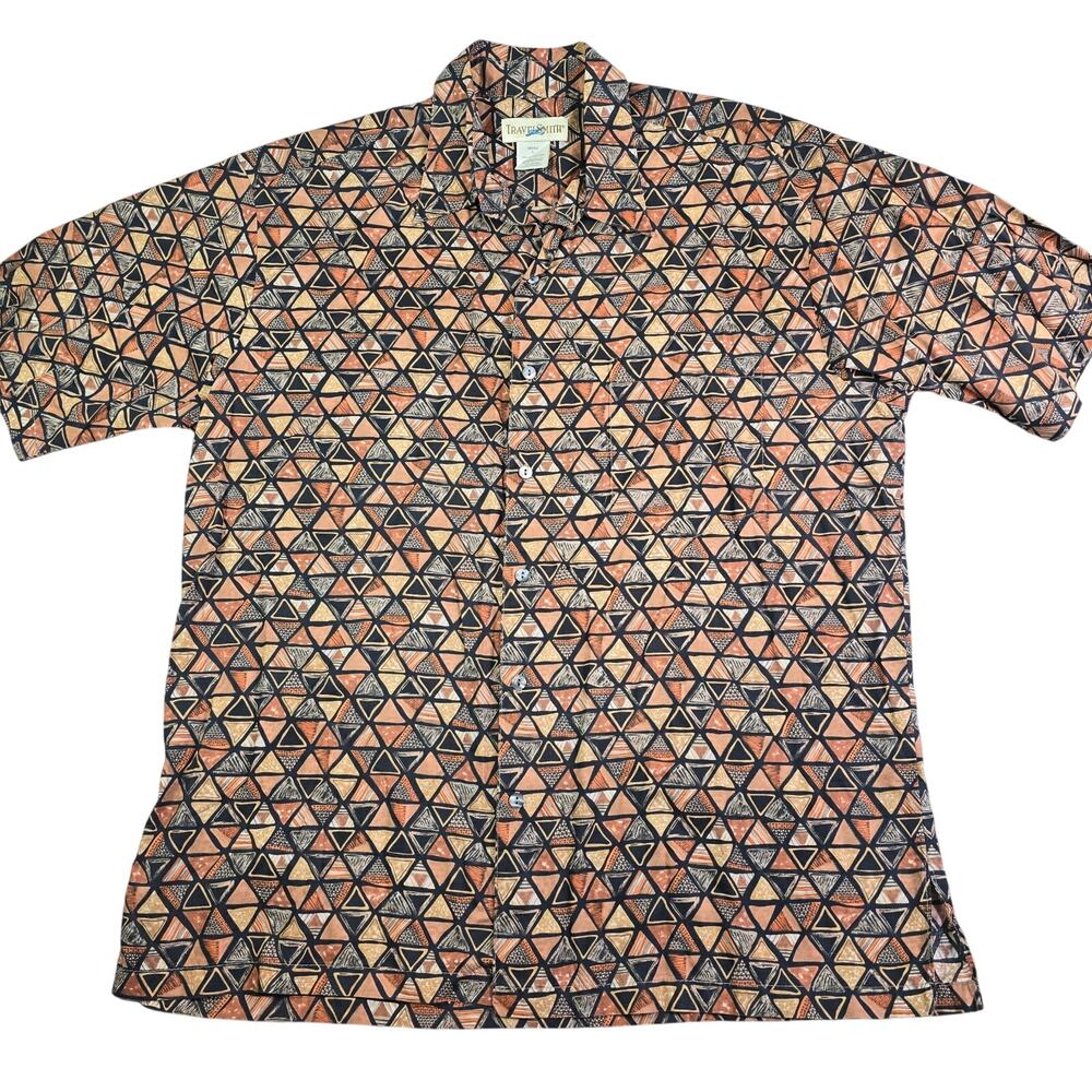 Vintage Y2K Travelsmith Hawaiian Button Shirt Mens Large Brown Black Cotton Lawn